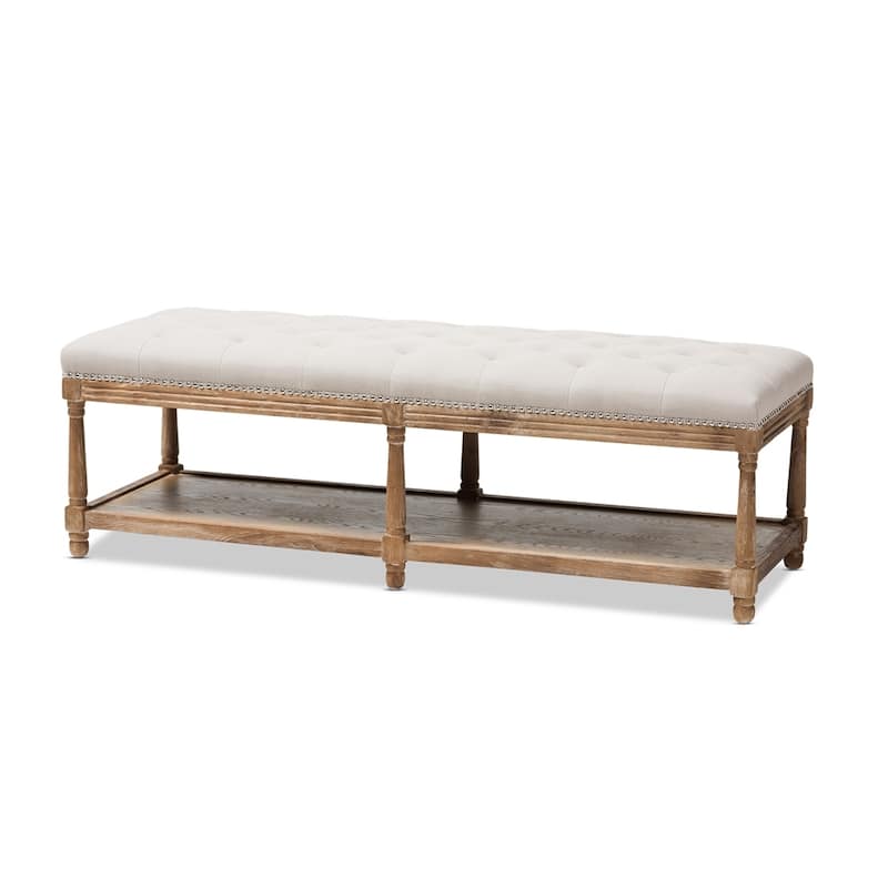 Celeste French Country Weathered Oak Beige Linen Upholstered Ottoman Bench - 18.9" High x 57.48" Wide x 18.9" Deep