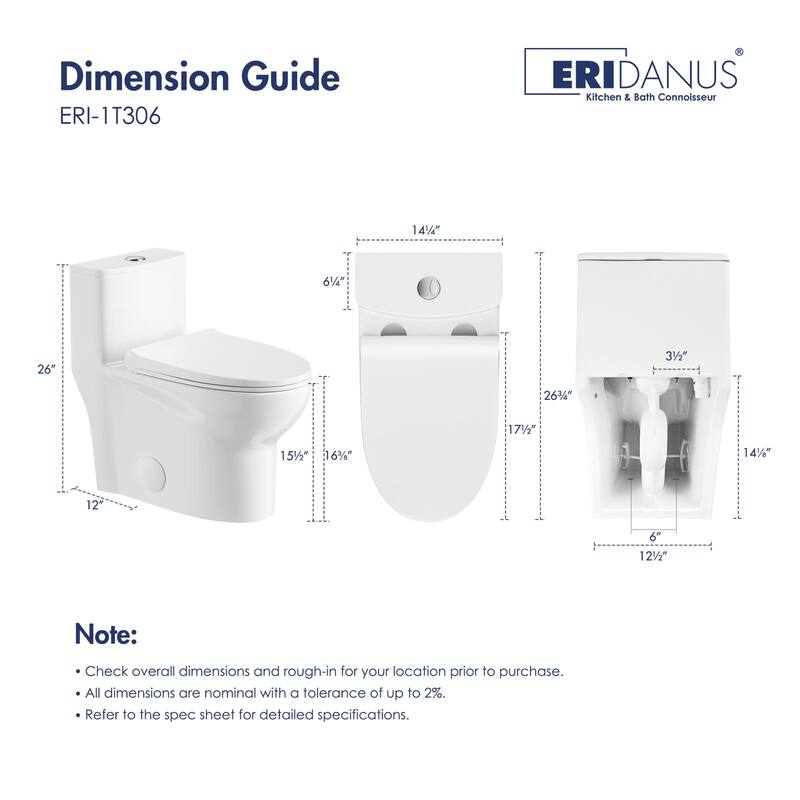 Eridanus Tucson Standard Compact One Piece Toilet, 12-inch Rough in, Crisp White, Seat Included