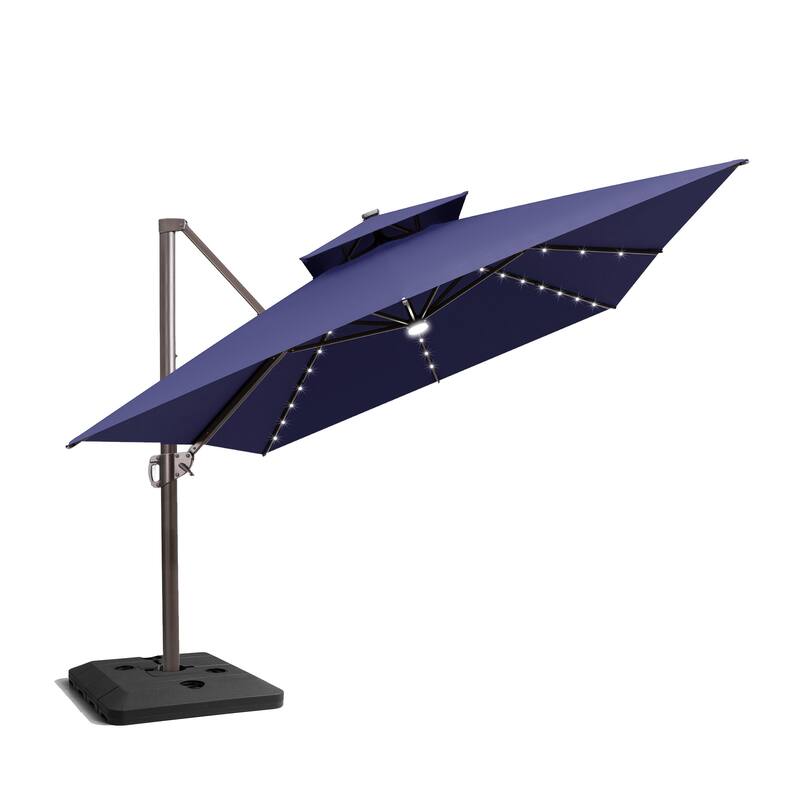 Pellebant 10x13 FT Outdoor Patio Double Top Cantilever Umbrella Solar LED Lighted with 4 Piece Square Offset Umbrella Base - NavyBlue