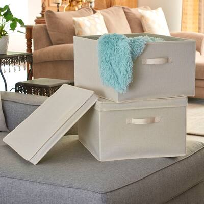 Household Essentials Canvas Jumbo Fabric Storage Bins with Removable Lid, Grey, Set of 2 - 16'' x 19'' x 10''