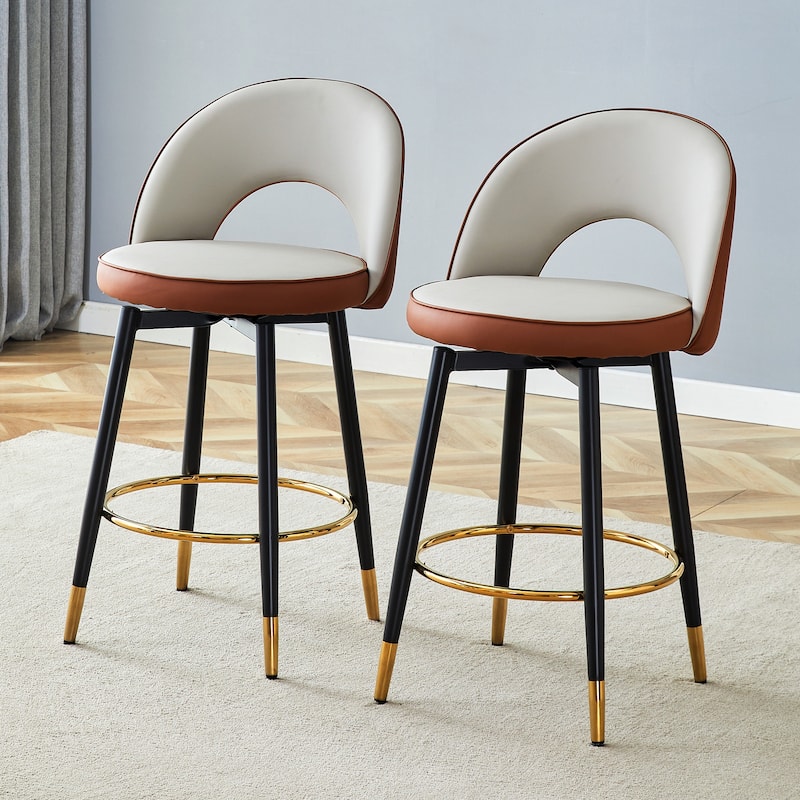 360° Swivel Bar Chair Set of 2, Modern Spliced Color Faux Leather Upholstered Bar Chair with Gold Metal Leg & Powder Coated Base - Brown+Black,Light Gray