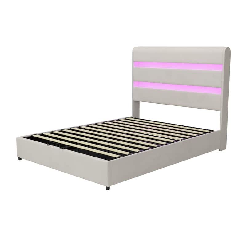 LED Storage Bed with Velvet Upholstery Headboard & Footboard, Beige Full