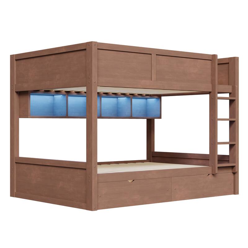 Roomfitters Full XL Over Full XL Bunk Bed with Storage Cabinets, LED Light and Drawers