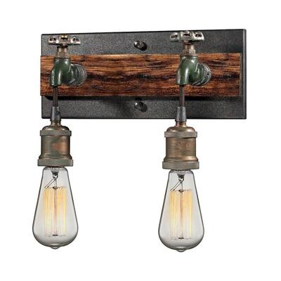Two Light Faucet Theme Vanity light with Exposed Bulbs - Steampunk Bathroom Light with Rectangular