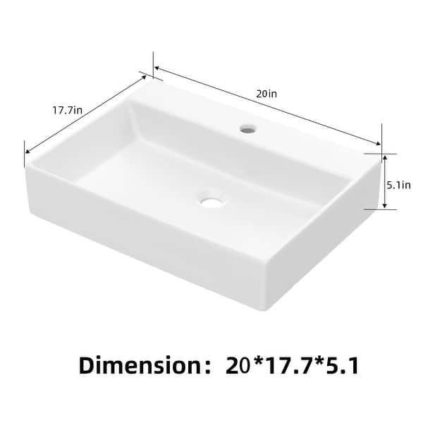 Vessel Sink Rectangular, 20"x18" Bathroom Sink White Ceramic Lavatory Vanity - 24x17.7x5.1in
