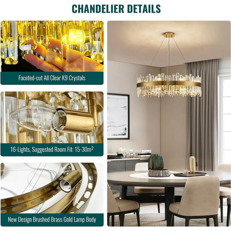 32 in. Brass Modern Crystal Chandelier 2-Tier Gold Glam Chandelier Luxury Kitchen Island Pendant Light for Living Dining Room