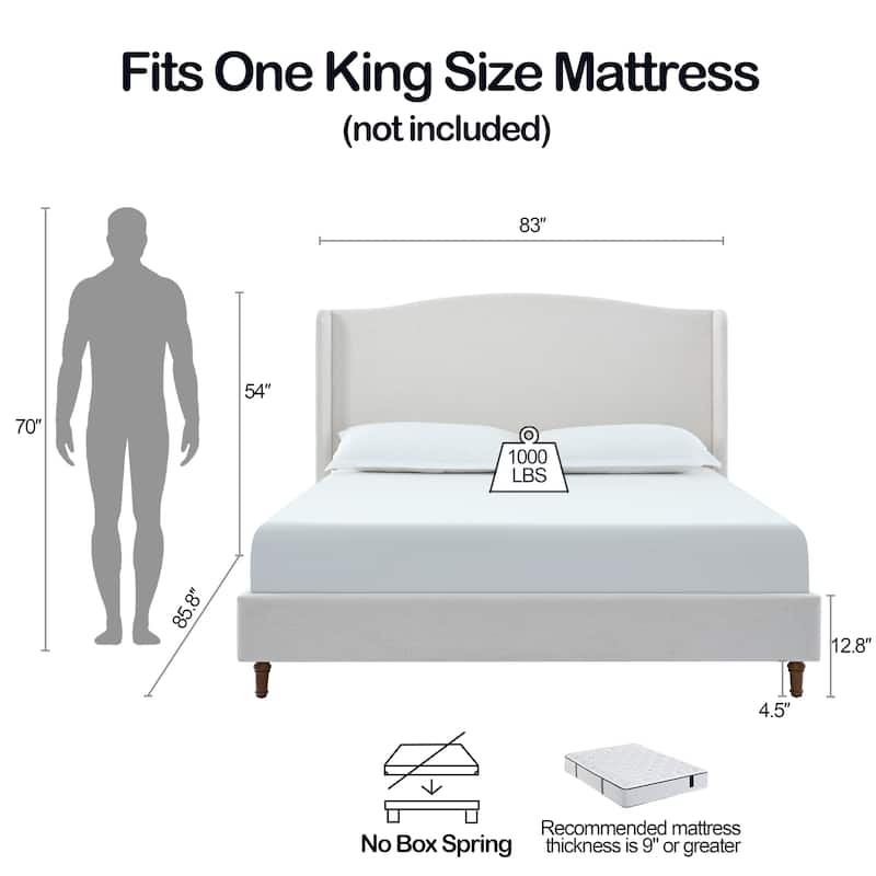 Tall 54" Headboard Upholstered King Wingback Bed - King-Ivory-Fabric - King
