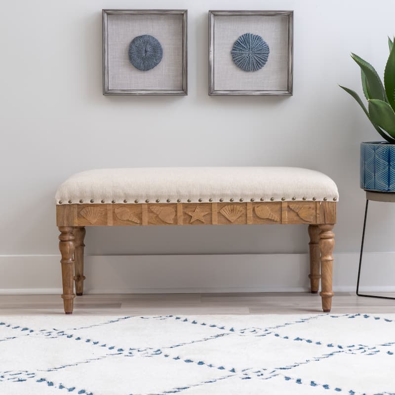 Barlow Upholstered Wood Seashell Entryway Bench - Brown/Beige