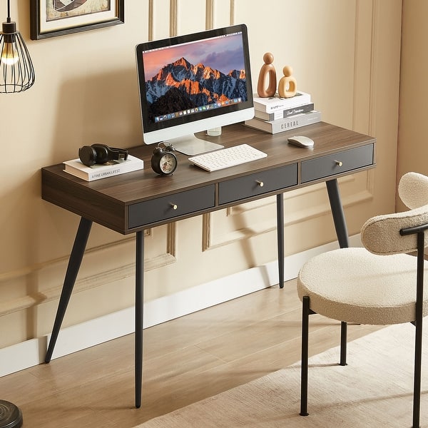 Mid Century Writing Study Desk with 3 Storage Drawers and Walnut Finish ...