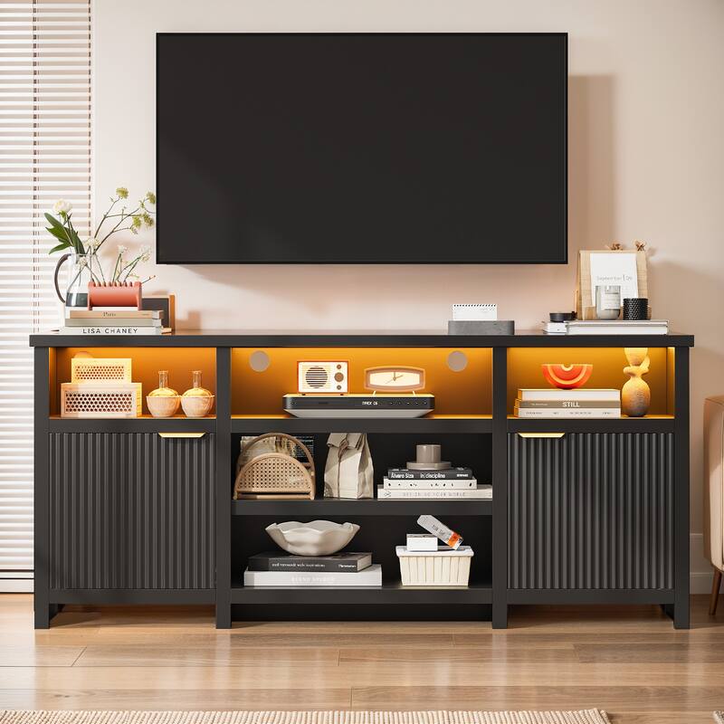 Pocassy 75 Inch Modern Media TV Console Table Cabinets with Doors - Black