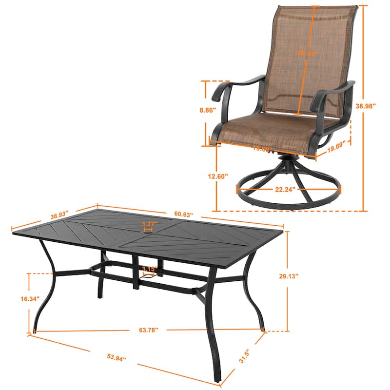 7-Piece Patio Iron Dining Set with Textilene Swivel Chairs, Brown and Black