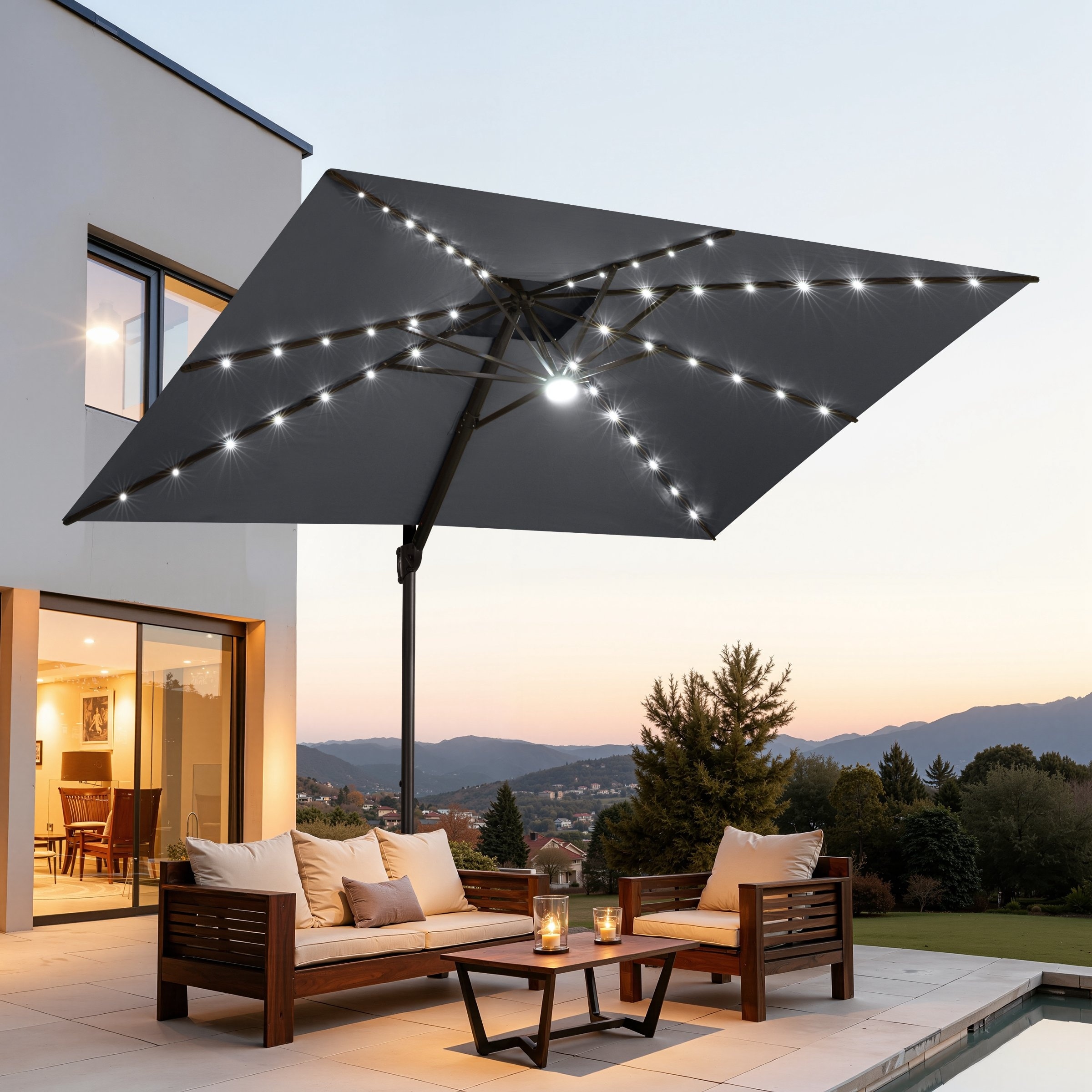 best gray patio umbrella with lights 3-Tier Solar w/ LED Lights, Tilt Adjustment, Crank This 11 ft The Best Patio Umbrellas With