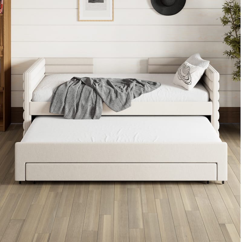 Twin Size Upholstered Daybed Short-haired Linen Fabric L-shape Sofa Bed Frame with Pull-out Trundle Bed and 3 Storage Drawers