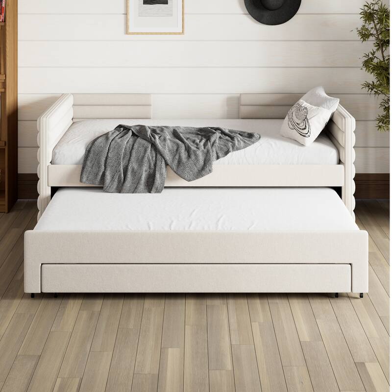 Twin Size Upholstered Daybed with Trundle and 3 Storage Drawers, Linen Fabric Sofa Bed Frame, Living Room Twin Day Bed Frame - Beige - Twin