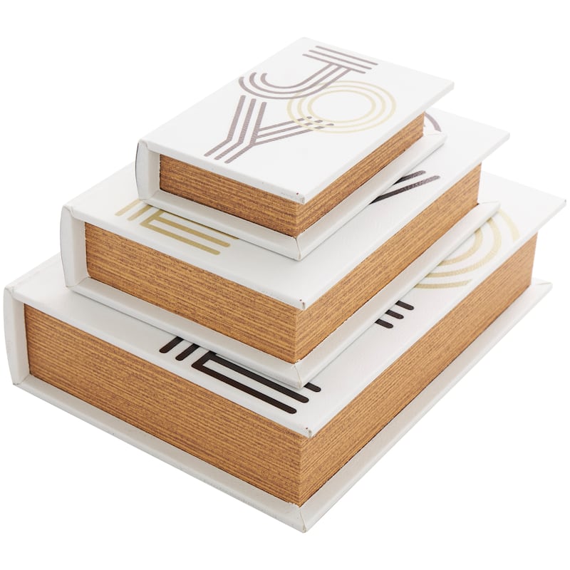 White Wooden Home, Joy Faux Storage Book Box with Striped Spine and Gold Accents (Set of 3)