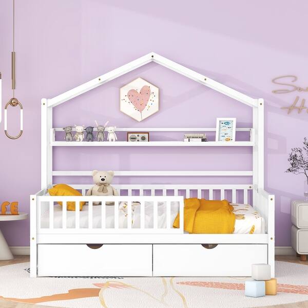 slide 2 of 27, Kids Wood Bed Frame Roof House Bed with 2 Pull-out Drawers, Storage Platform Bed, Wood Slat Support Panel Bed