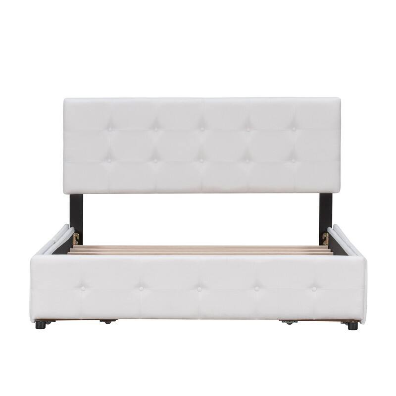 Queen Upholstered Bed Frame with 4 Drawers, Linen Fabric Platform Storage Bed with Classic Headboard and Wooden Slats Support