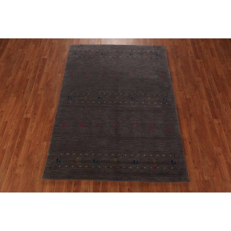 Tribal Charcoal Gabbeh Oriental Rug Handmade Wool Carpet - 4'8"x 6'7"