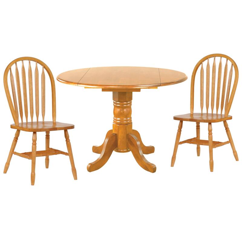 Round Extendable Dining Set - 3 Piece Oak Table & 2 Retro Chairs - 42" Drop Leaf Table