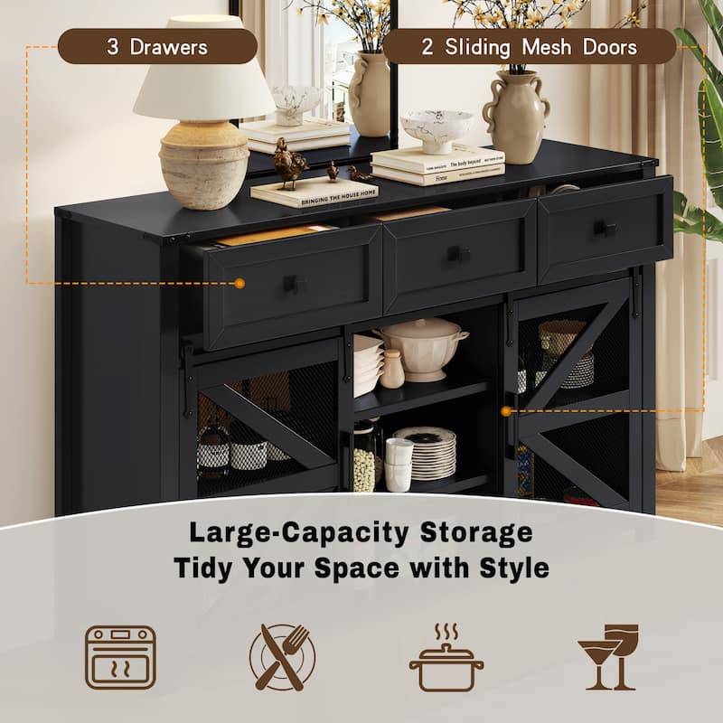 55" Sliding Barn Door Sideboard Cabinet with 3 Drawers and Adjustable Shelves