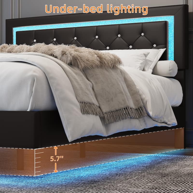 Floating Upholstered Bed Frame with LED Lights, Diamond Tufted Headboard, PU Leather Platform Bed, No Box Spring Needed