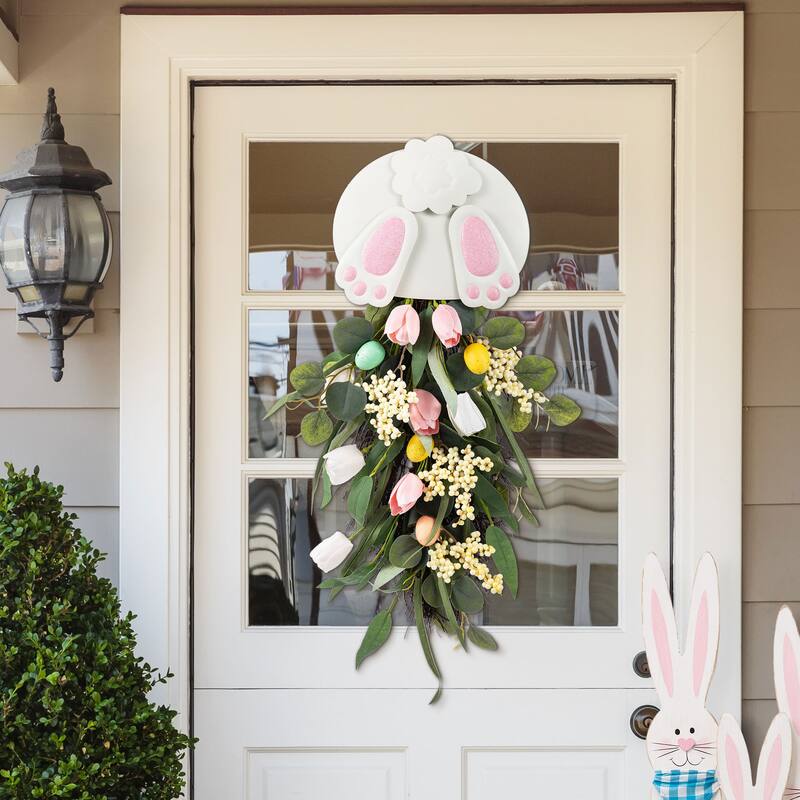 Glitzhome Easter Bunny Door Hanger with Eggs Tulip Teardrop Carrot Spring Wall Decor