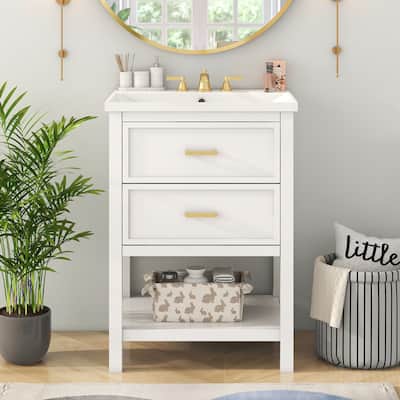 Minimal White Storage Cabinet with Gold Accents, Bathroom Vanity with Resin Sink, Tip-out Drawer, U-shaped Drawer and Open Shelf