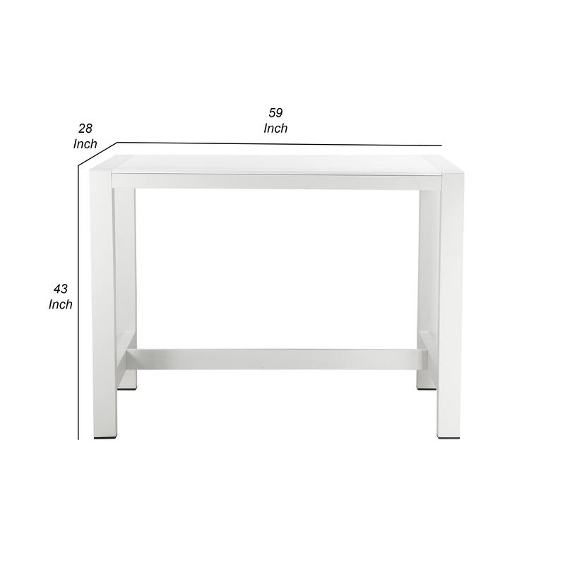 Kylo 59 Inch Outdoor Bar Height Table, White Aluminum Frame, Plank Surface