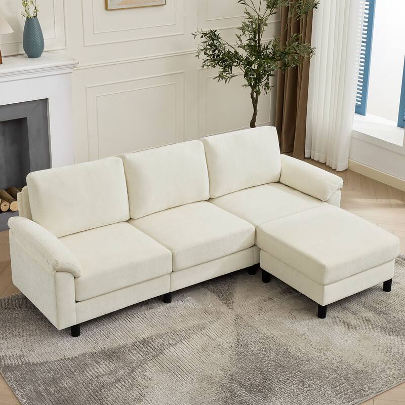 L-Shaped Chenille 3-Seat Modular Sectional Sofa with Movable Ottoman