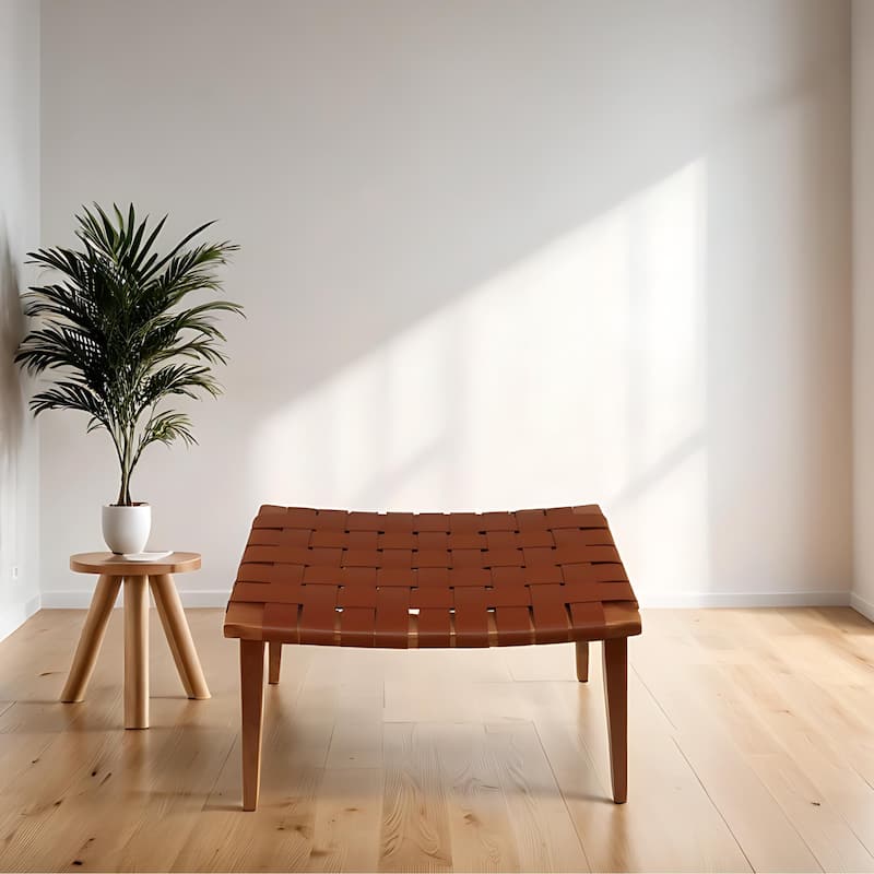 Cognac Leather and Wood Stool Modern Ottoman Foot Rest Seat for Home