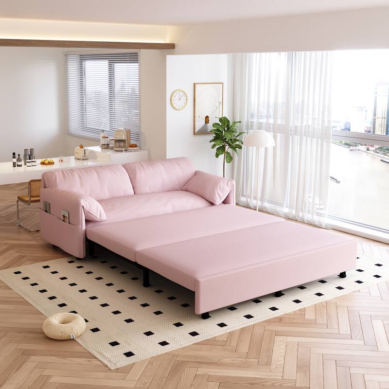 Multi-Functional 63.8" Queen Pull Out Sofa Bed with Side Storage and Wheels - 3-in-1 Convertible Sleeper Sofa - Pink