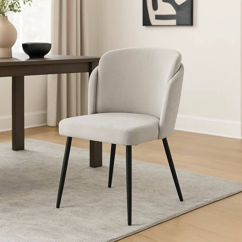 Griz Dining Side Chair Set of 2, Curved Back, Cream White Polyester, Black