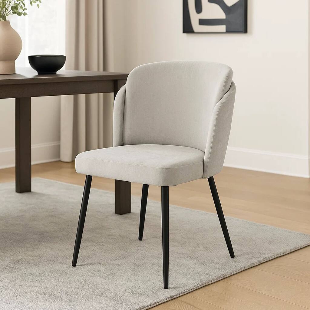 Griz Dining Side Chair Set of 2, Curved Back, Cream White Polyester, Black