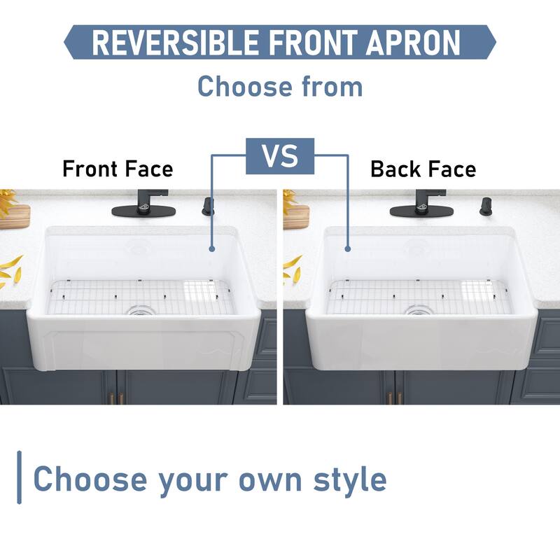 Fireclay Farmhouse/Apron-Front Frame Design Reversible Installation Single Bowl Kitchen Sink with Kitchen Faucet and Accessories