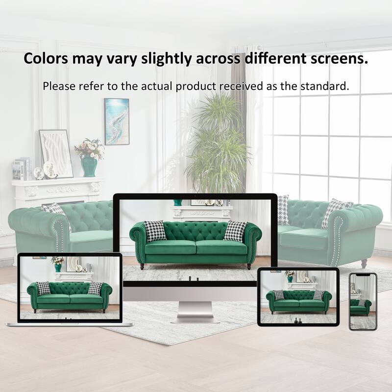 Roomfitters 85" + 65" Classic Chesterfield Upholstered Sofa and Loveseat Set, Scrolled Arm Couch with Button Back Design