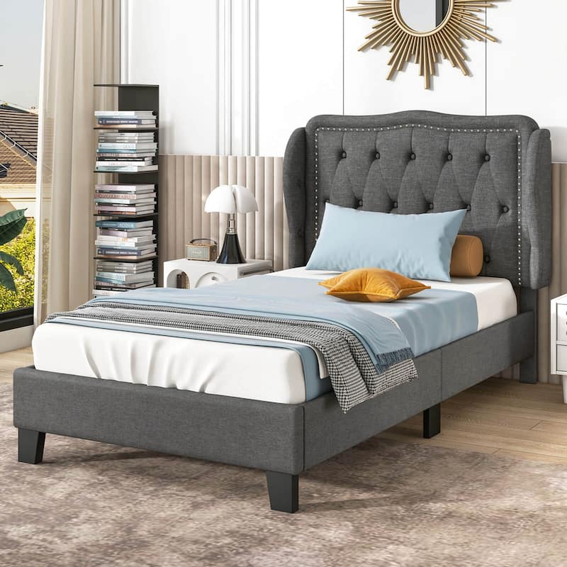 Twin Bed Frames w/Headboard Modern Linen Upholstered Platform Bed