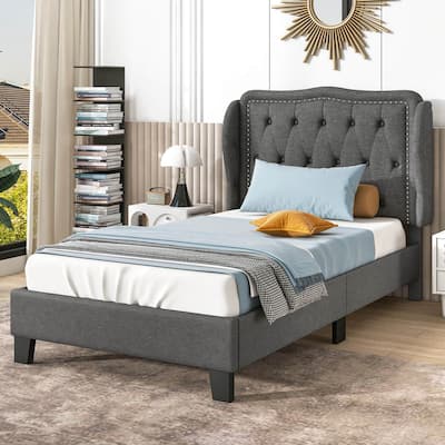 Twin Bed Frames w/Headboard Modern Linen Upholstered Platform Bed