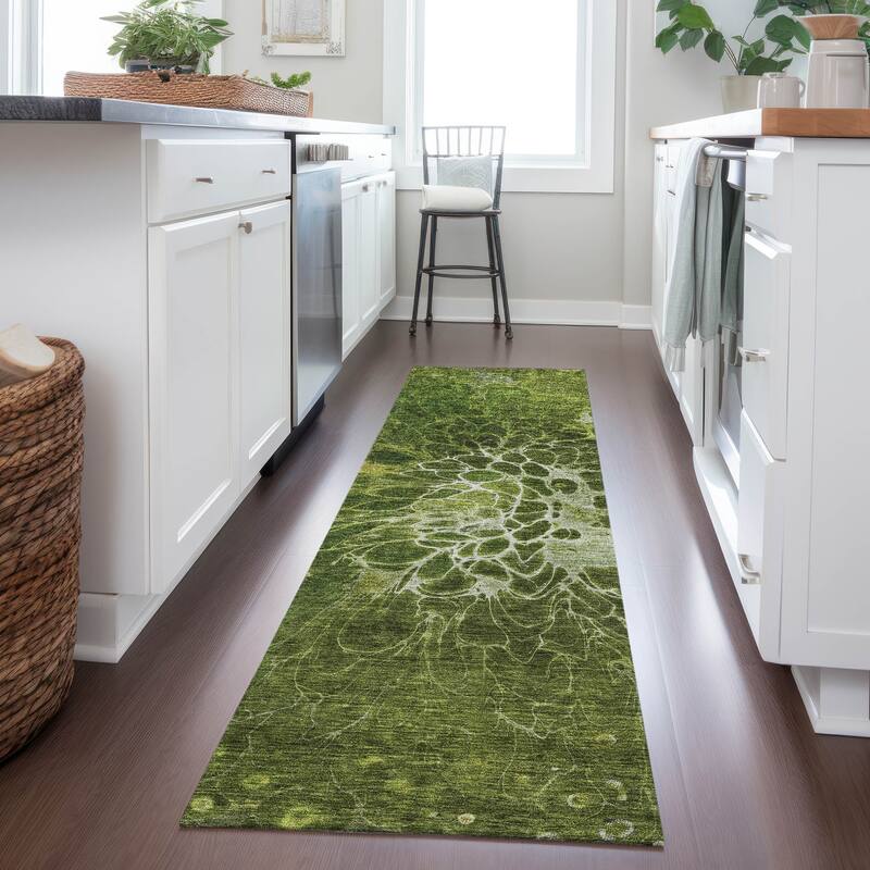 Machine Washable Indoor/ Outdoor Chantille Modern Floral Rug - Olive - 2'3" x 7'6"