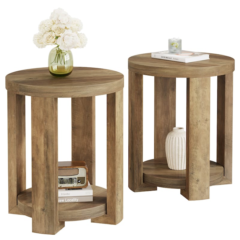 2-Tier Round End Table, Side Table, Small Bedside Accent Table for Living Room, Bedroom (Set of 2)