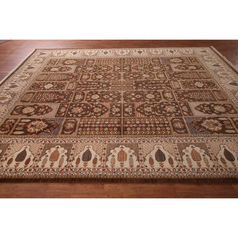 Brown Floral Agra Indian Area Rug Handmade Wool Carpet - 9'2" X 11'10"