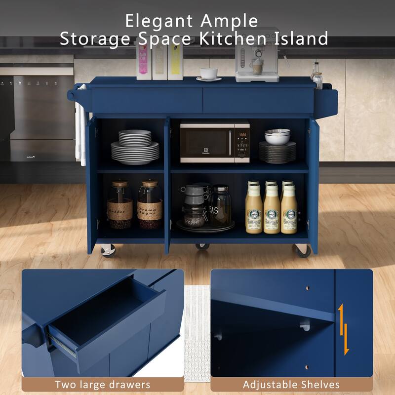 Rolling Kitchen Island Cart on Wheels with Adjustable Shelves, 2 Drawers, and Spice Rack