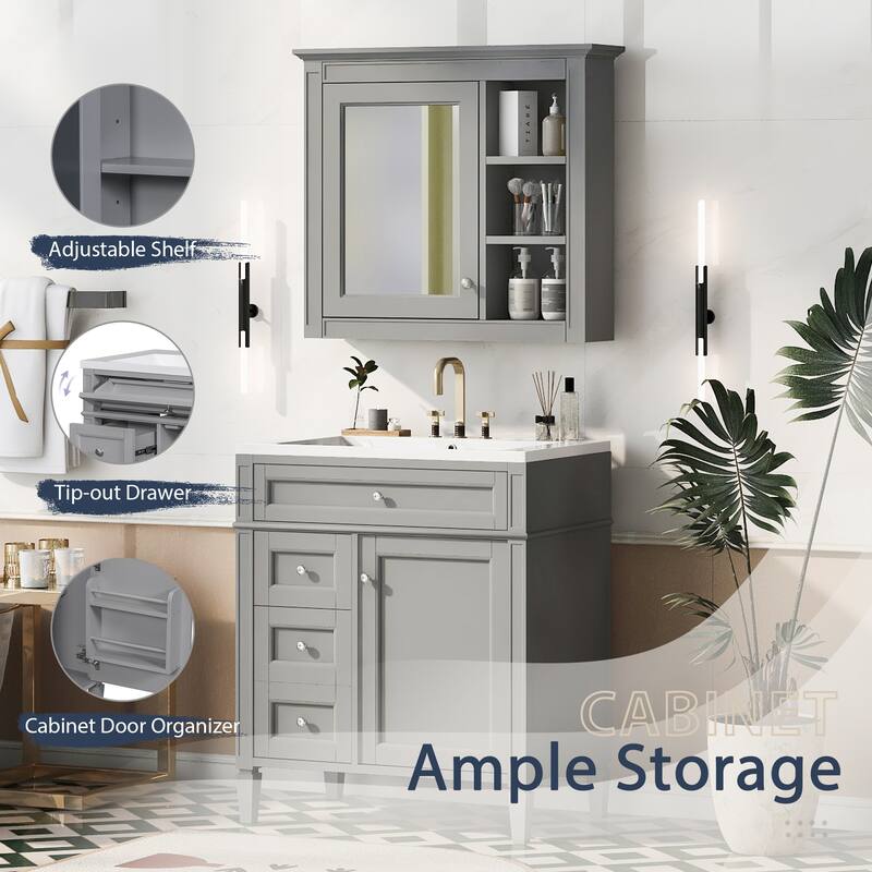 Modern Single Sink Bathroom Vanity Set with Drawers & Mirror Cabinet