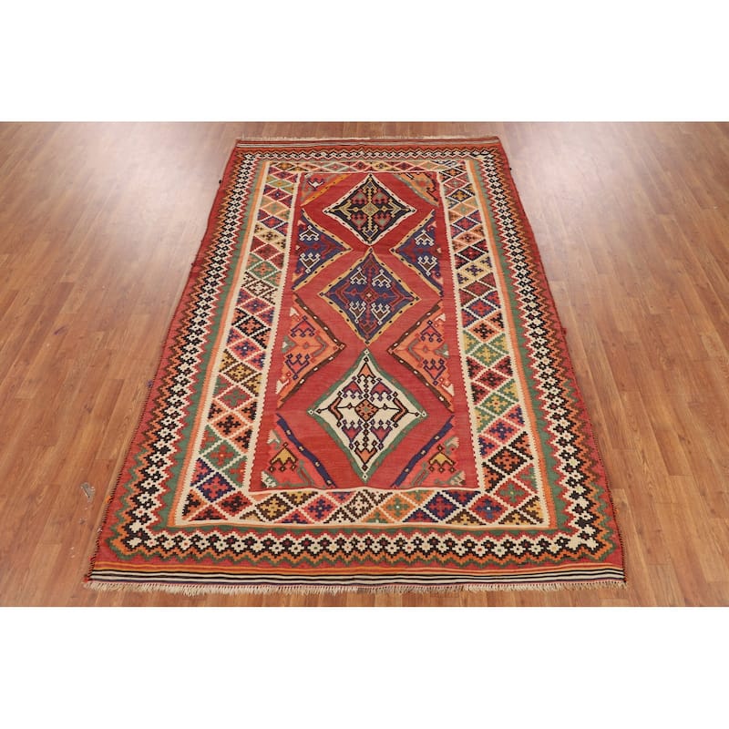 Orange Kilim Qashqai Persian Vintage Rug Flatweave Wool Carpet - 5'5"x 8'5"
