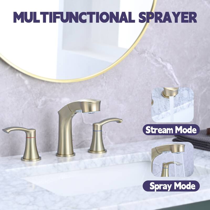 2 Handle Bathroom Sink Faucet with Pull Out Sprayer, Silent Splashback, Rust and Corrosion Resistant, Resists Discoloration