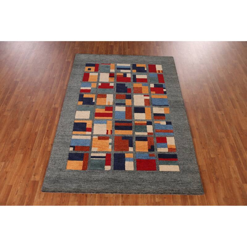 Geometric Grey Modern Indian Area Rug Handmade Wool Carpet - 5'3" x 7'7"