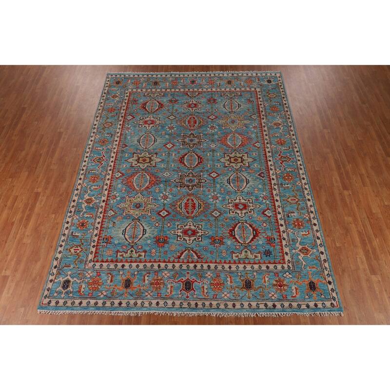 All-Over Blue Oushak Oriental Area Rug Handmade Floral Wool Carpet - 9'1"x 11'11"
