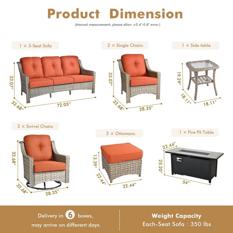 HOOOWOOO 9-piece Rattan Outdoor High Backrest Swivel Chair Set with 54"Fire Pit