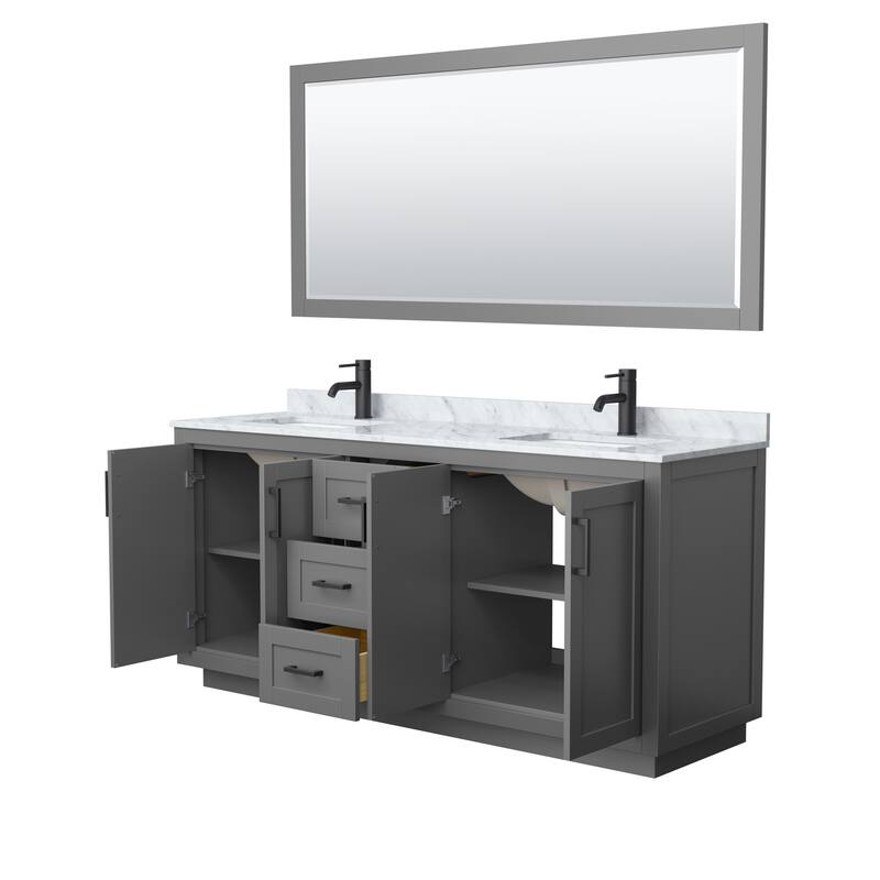Miranda Double Vanity Set, White Carrara Marble Top, 70-Inch Mirror