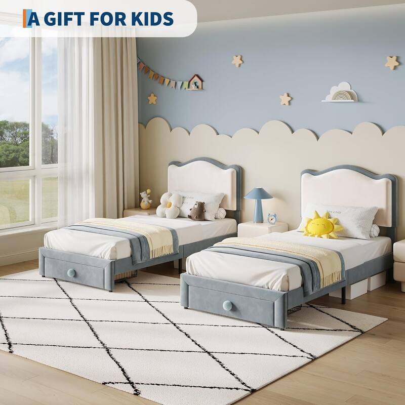 Upholstered Bed Frame for Kids with Storage Drawer and Scallop Headboard, No Box Spring Needed