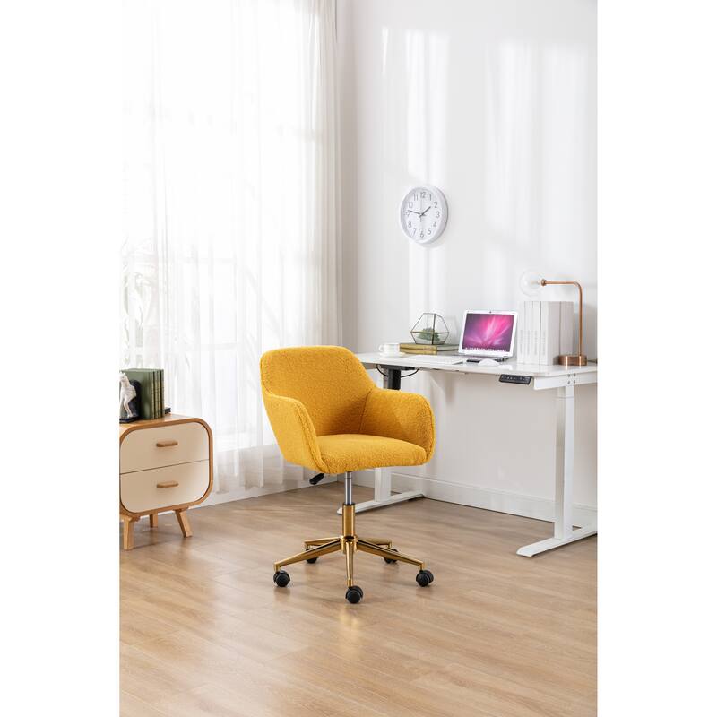 Modern Teddy Fabric Material Adjustable Height 360 Revolving Home Office Chair with Gold Metal Legs, for Indoor, Yellow